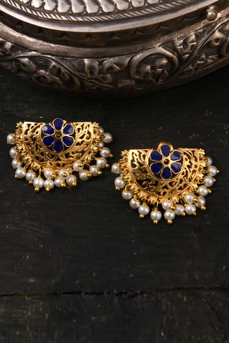 Totapari Blue Metallic Thread, Pearls Meena Embellished Necklace Set Online at Aza Fashions Totapari_Blue Metallic Thread, Pearls Meena Embellished Necklace Set _Online_at_Aza_Fashions