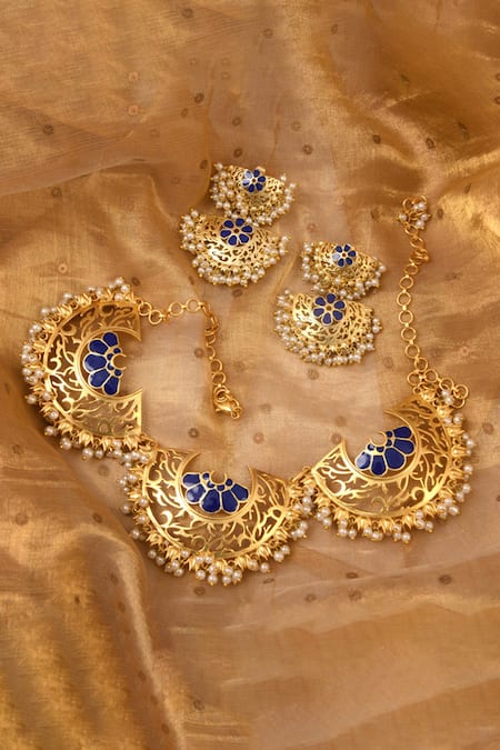 Totapari Blue Metallic Thread, Pearls Meena Embellished Maharani Necklace Set 