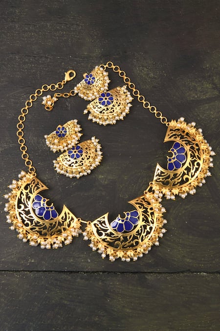 Shop Totapari Blue Metallic Thread, Pearls Meena Embellished Maharani Necklace Set at Aza Fashions Shop_Totapari_Blue Metallic Thread, Pearls Meena Embellished Maharani Necklace Set _at_Aza_Fashions