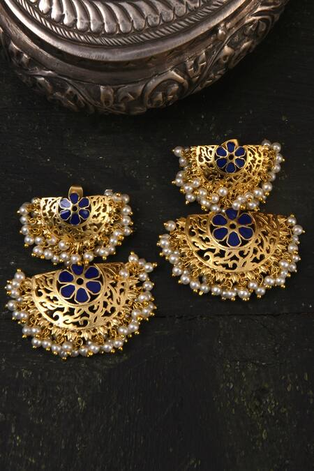 Totapari Blue Metallic Thread, Pearls Meena Embellished Maharani Necklace Set Online at Aza Fashions Totapari_Blue Metallic Thread, Pearls Meena Embellished Maharani Necklace Set _Online_at_Aza_Fashions