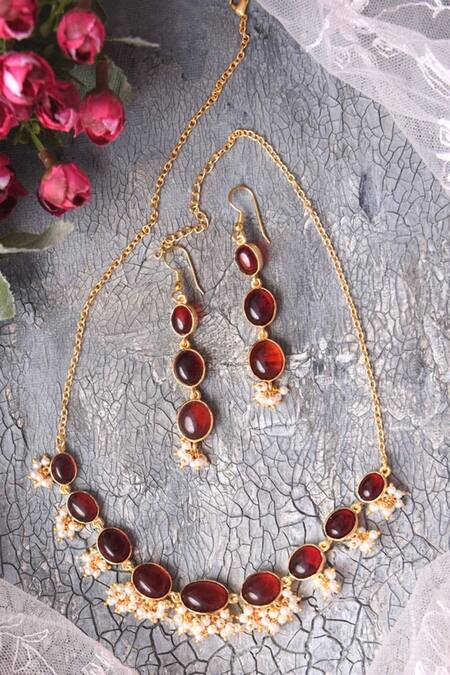 Totapari_Red Pearls, Stones Embellished Lakshmi Ruby Necklace Set _Online_at_Aza_Fashions