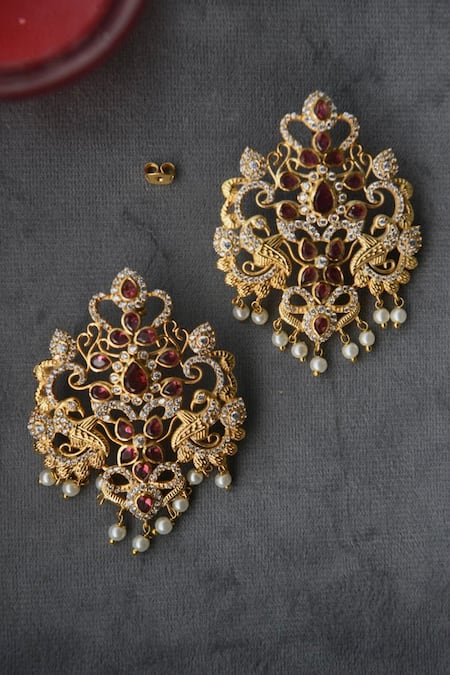 Totapari Gold Plated Pearls, Zari, Diamonds Zircon Embellished Earrings 