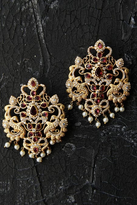 Shop Totapari Gold Plated Pearls, Zari, Diamonds Zircon Embellished Earrings at Aza Fashions Shop_Totapari_Gold Plated Pearls, Zari, Diamonds Zircon Embellished Earrings _at_Aza_Fashions