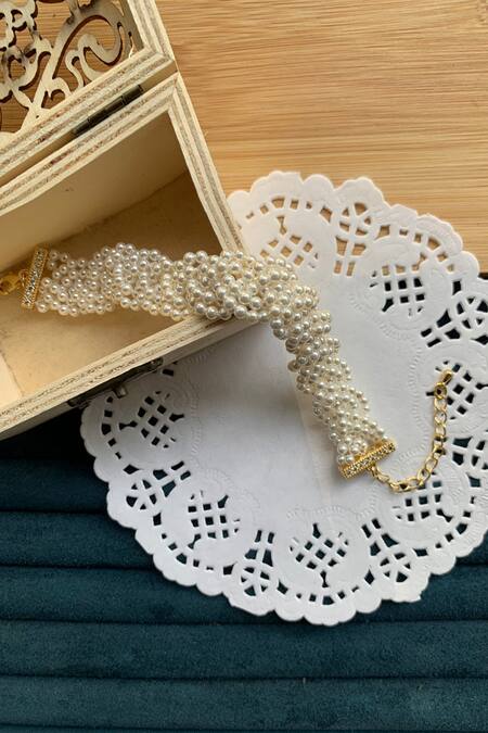 Shop Totapari White Pearls, Zari Braided Bracelet at Aza Fashions Shop_Totapari_White Pearls, Zari Braided Bracelet _at_Aza_Fashions