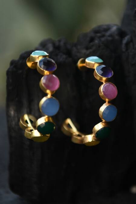 Shop Totapari Gold Plated Crystals Emily Rainbow Embellished Hoops at Aza Fashions Shop_Totapari_Gold Plated Crystals Emily Rainbow Embellished Hoops _at_Aza_Fashions
