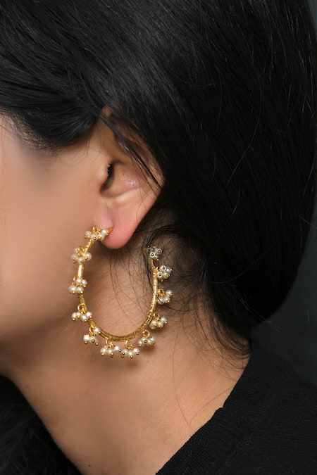 Totapari Gold Plated Pearl Embellished And Carved Work Raindrop Hoops