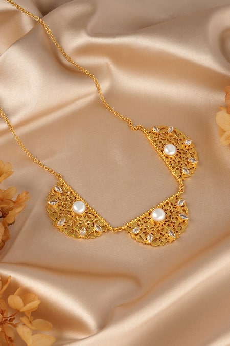 Shop Totapari Gold Plated Pearls, Zari Nilofer Carved Pendant Necklace Set at Aza Fashions Shop_Totapari_Gold Plated Pearls, Zari Nilofer Carved Pendant Necklace Set _at_Aza_Fashions