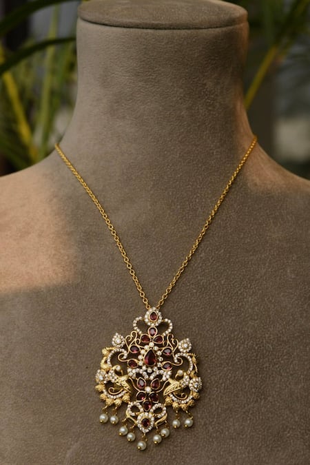 Totapari Gold Plated Hydro Ruby Studded Pendant Necklace 