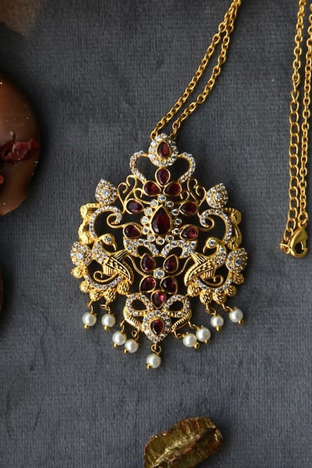 Shop Totapari Gold Plated Hydro Ruby Studded Pendant Necklace at Aza Fashions Shop_Totapari_Gold Plated Hydro Ruby Studded Pendant Necklace _at_Aza_Fashions