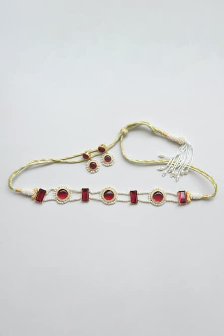 Shop Totapari Red Pearls, Zari Royalty Hydro Ruby Studded Choker Set at Aza Fashions Shop_Totapari_Red Pearls, Zari Royalty Hydro Ruby Studded Choker Set _at_Aza_Fashions