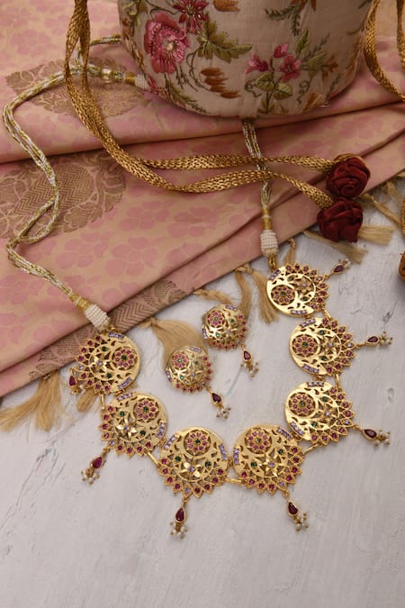 Totapari_Gold Plated Stones Shabnam Semi Precious Studded Necklace Set _Online_at_Aza_Fashions