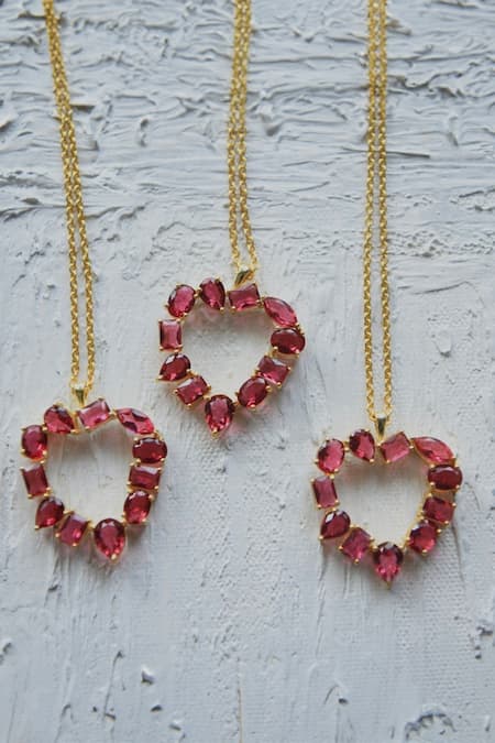 Shop Totapari Gold Plated Heart Of Rubies Pendant Necklace at Aza Fashions Shop_Totapari_Gold Plated Heart Of Rubies Pendant Necklace _at_Aza_Fashions