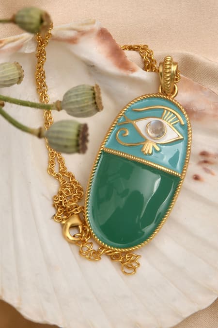 Shop Totapari Green Evil Eye Carved Pendant Necklace at Aza Fashions Shop_Totapari_Green Evil Eye Carved Pendant Necklace _at_Aza_Fashions