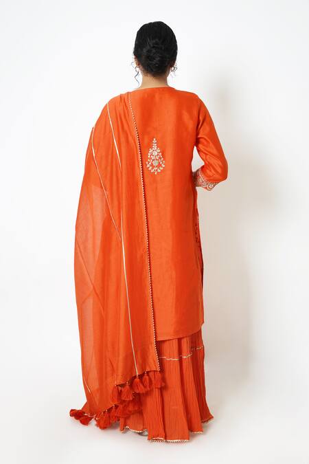Shop Kameez Orange Chanderi, Muslin Embroidery, Gota Patti, Bloom Kurta Sharara Set at Aza Fashions Shop_Kameez_Orange Chanderi, Muslin Embroidery, Gota Patti, Bloom Kurta Sharara Set _at_Aza_Fashions