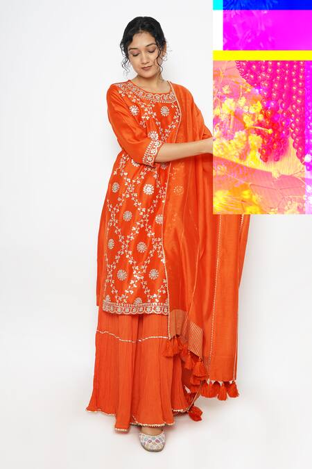 Kameez Orange Chanderi, Muslin Embroidery, Gota Patti, Bloom Kurta Sharara Set Online at Aza Fashions Kameez_Orange Chanderi, Muslin Embroidery, Gota Patti, Bloom Kurta Sharara Set _Online_at_Aza_Fashions
