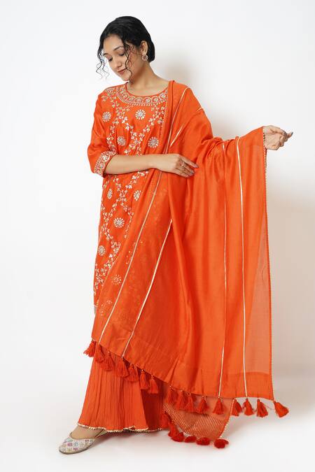 Buy Kameez Orange Chanderi, Muslin Embroidery, Gota Patti, Bloom Kurta Sharara Set Online at Aza Fashions Buy_Kameez_Orange Chanderi, Muslin Embroidery, Gota Patti, Bloom Kurta Sharara Set _Online_at_Aza_Fashions