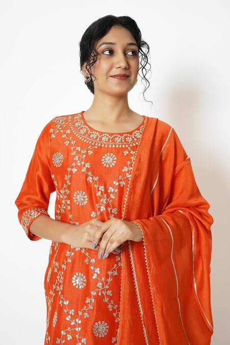 Shop Kameez Orange Chanderi, Muslin Embroidery, Gota Patti, Bloom Kurta Sharara Set Online at Aza Fashions Shop_Kameez_Orange Chanderi, Muslin Embroidery, Gota Patti, Bloom Kurta Sharara Set _Online_at_Aza_Fashions