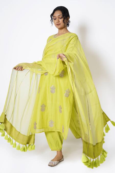 Kameez_Yellow Chanderi, Cotton, Kota Doria Embroidery, Blossom Kurta Salwar Set _Online_at_Aza_Fashions