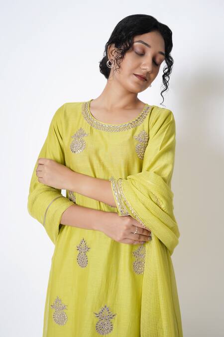 Buy_Kameez_Yellow Chanderi, Cotton, Kota Doria Embroidery, Blossom Kurta Salwar Set _Online_at_Aza_Fashions