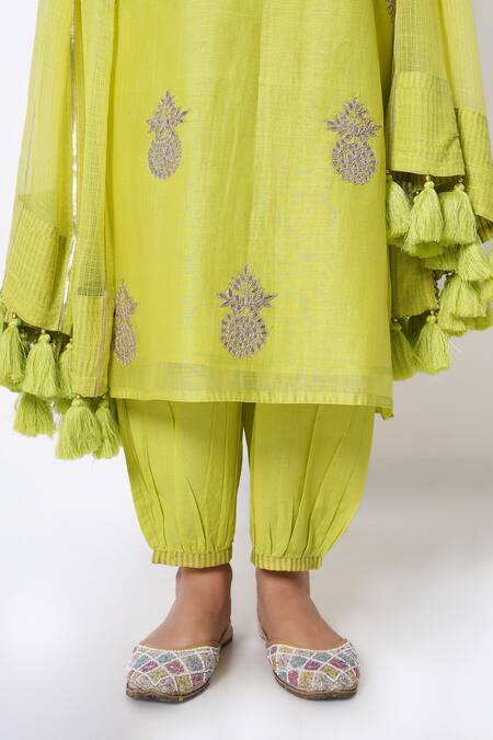 Shop_Kameez_Yellow Chanderi, Cotton, Kota Doria Embroidery, Blossom Kurta Salwar Set _Online_at_Aza_Fashions