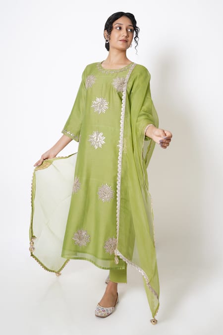 Kameez Floral Gota Work Chanderi Kurta Pant Set 