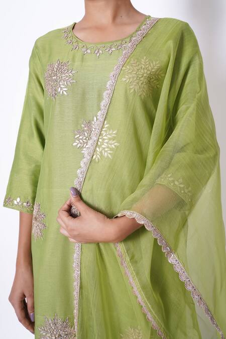 Shop_Kameez_Green Chanderi, Cotton, Organza Gota Patti Round Floral Work Kurta Pant Set _Online_at_Aza_Fashions