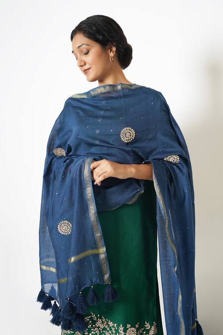 Kameez_Blue Chanderi, Cotton, Muslin Bloom Garden Embroidered Kurta Tulip Pant Set _Online_at_Aza_Fashions