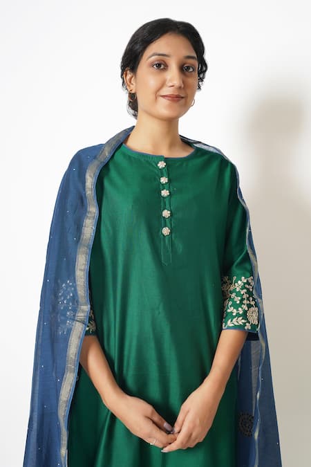 Buy_Kameez_Blue Chanderi, Cotton, Muslin Bloom Garden Embroidered Kurta Tulip Pant Set _Online_at_Aza_Fashions