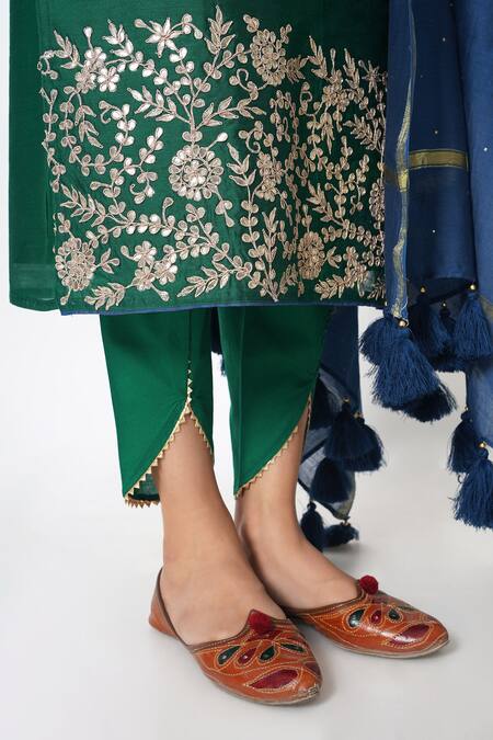 Shop_Kameez_Blue Chanderi, Cotton, Muslin Bloom Garden Embroidered Kurta Tulip Pant Set _Online_at_Aza_Fashions