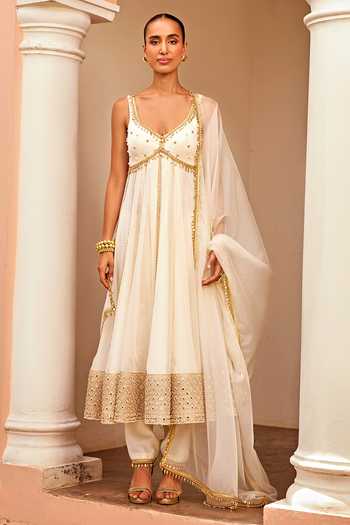 Buy_Ohaila Khan_White Chanderi, Organza Beads V-neck Rutvi Embellished Anarkali Pant Set _Online_at_Aza_Fashions
