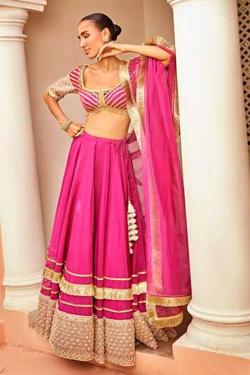 Ohaila Khan_Pink Organza Lace, Fringe Scoop Neck Dhvija And Embroidered Lehenga Set _Online_at_Aza_Fashions