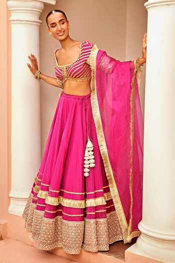 Buy_Ohaila Khan_Pink Organza Lace, Fringe Scoop Neck Dhvija And Embroidered Lehenga Set _Online_at_Aza_Fashions