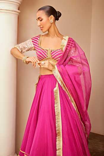 Shop_Ohaila Khan_Pink Organza Lace, Fringe Scoop Neck Dhvija And Embroidered Lehenga Set _Online_at_Aza_Fashions
