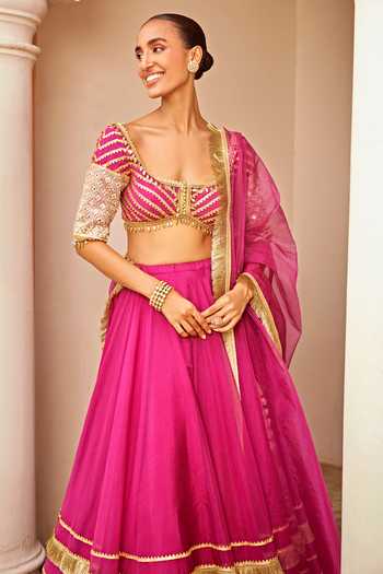Ohaila Khan_Pink Organza Lace, Fringe Scoop Neck Dhvija And Embroidered Lehenga Set _at_Aza_Fashions