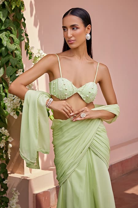 Shop_Ohaila Khan_Green Chiffon Pearls Sweetheart Neck Vanya Work Pre-draped Saree With Blouse _Online_at_Aza_Fashions