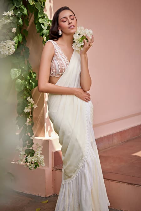 Shop_Ohaila Khan_Off White Chiffon Fringe, Pearls Ziva Pre-draped Saree With Scalloped Blouse _Online_at_Aza_Fashions