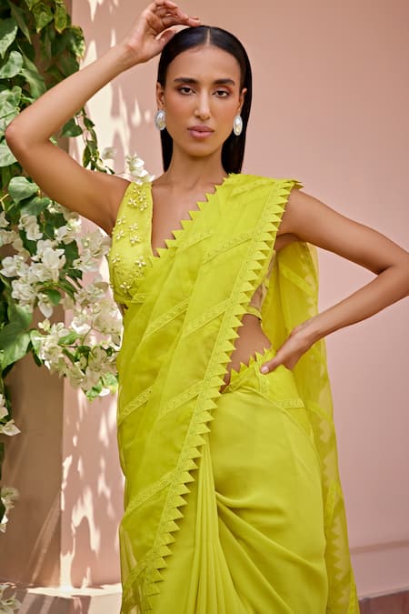 Ohaila Khan_Yellow Organza Lace, Beads V-neck Inaaya Saree With Blouse _Online_at_Aza_Fashions
