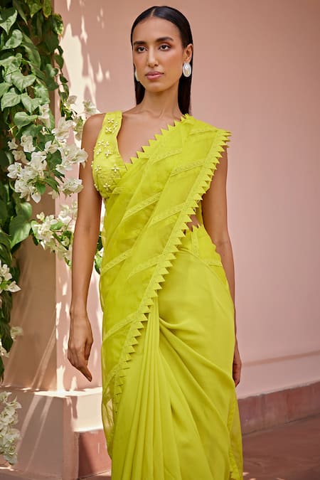 Buy_Ohaila Khan_Yellow Organza Lace, Beads V-neck Inaaya Saree With Blouse _Online_at_Aza_Fashions