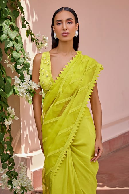 Shop_Ohaila Khan_Yellow Organza Lace, Beads V-neck Inaaya Saree With Blouse _Online_at_Aza_Fashions