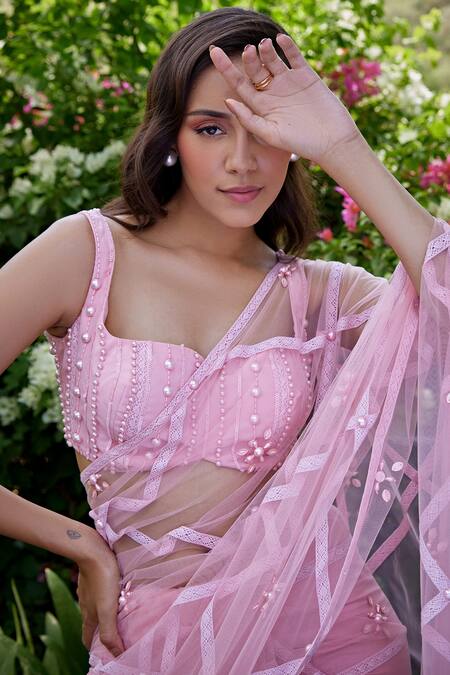 Buy_Ohaila Khan_Pink Organza Beads, Lace Sweetheart Neck Aiza And Embroidered Saree With Blouse _Online_at_Aza_Fashions