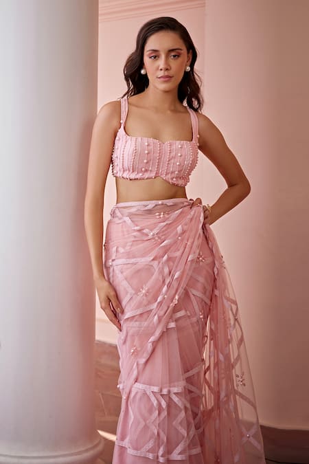Ohaila Khan_Pink Organza Beads, Lace Sweetheart Neck Aiza And Embroidered Saree With Blouse _at_Aza_Fashions