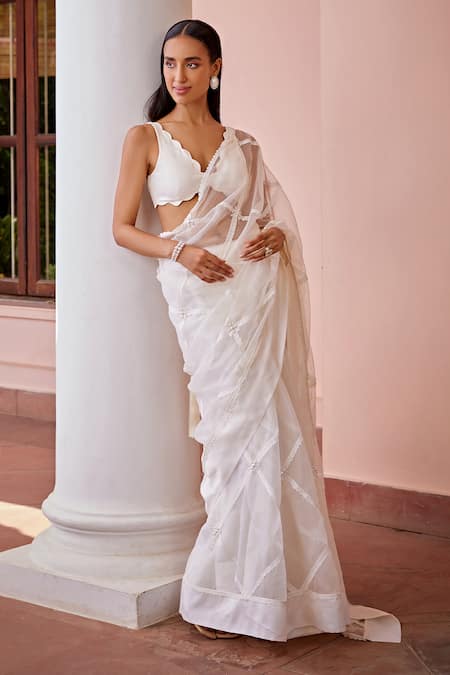 Buy Ohaila Khan White Organza Beads, Lace V-neck Kiah Saree With Blouse Online at Aza Fashions Buy_Ohaila Khan_White Organza Beads, Lace V-neck Kiah Saree With Blouse _Online_at_Aza_Fashions