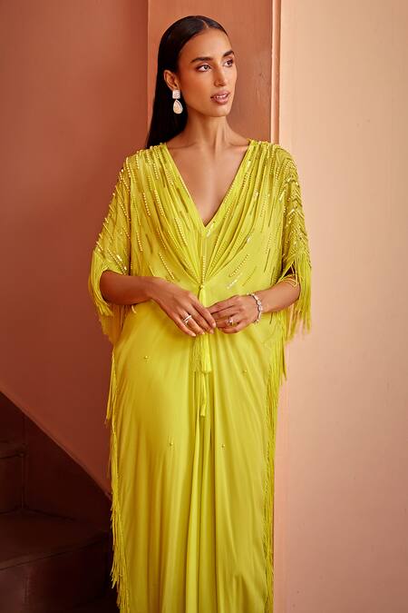 Shop_Ohaila Khan_Yellow Crepe Beads, Fringe V-neck Mavis Embellished Kaftan _Online_at_Aza_Fashions