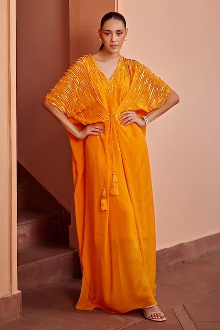 Ohaila Khan Orange Crepe Embroidered Bead V Neck Valencia Kaftan  