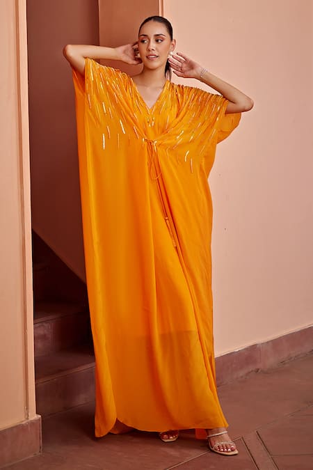 Buy_Ohaila Khan_Orange Crepe Beads, Fringe V-neck Valencia Embroidered Kaftan _Online_at_Aza_Fashions