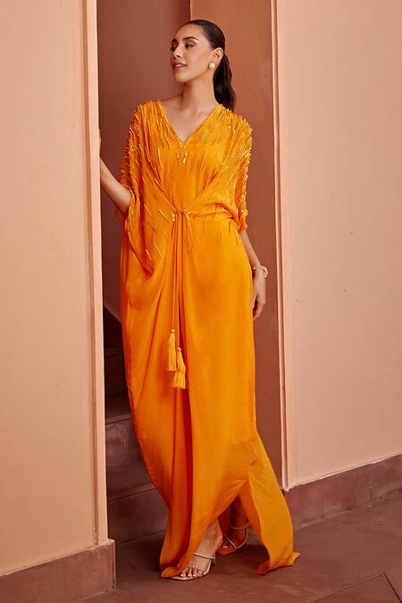 Shop_Ohaila Khan_Orange Crepe Beads, Fringe V-neck Valencia Embroidered Kaftan _Online_at_Aza_Fashions