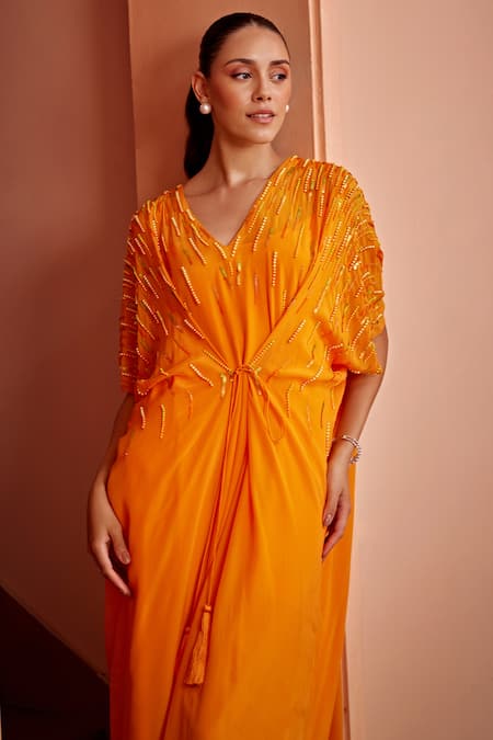 Ohaila Khan_Orange Crepe Beads, Fringe V-neck Valencia Embroidered Kaftan _at_Aza_Fashions