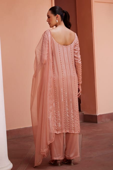 Shop Ohaila Khan Pink Crepe, Organza Pearls Asymmetric Erina Embellished Kurta Pant Set at Aza Fashions Shop_Ohaila Khan_Pink Crepe, Organza Pearls Asymmetric Erina Embellished Kurta Pant Set _at_Aza_Fashions