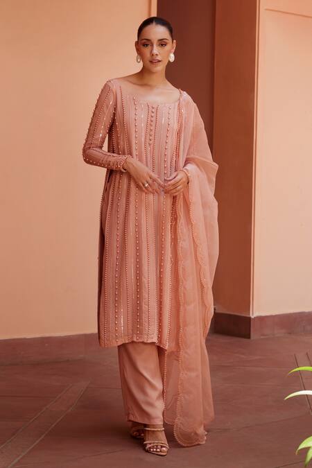 Ohaila Khan Pink Crepe, Organza Pearls Asymmetric Erina Embellished Kurta Pant Set Online at Aza Fashions Ohaila Khan_Pink Crepe, Organza Pearls Asymmetric Erina Embellished Kurta Pant Set _Online_at_Aza_Fashions