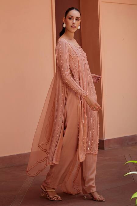 Buy Ohaila Khan Pink Crepe, Organza Pearls Asymmetric Erina Embellished Kurta Pant Set Online at Aza Fashions Buy_Ohaila Khan_Pink Crepe, Organza Pearls Asymmetric Erina Embellished Kurta Pant Set _Online_at_Aza_Fashions